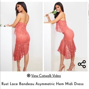 Rust lace bandeau asymmetric midi dress